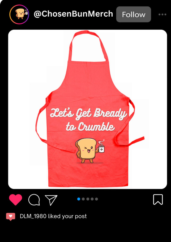 A WixtaGram post for the account @ChosenBunMerch with a red apron, emblazoned with the slogan, "Let's Get Bready to Crumble."