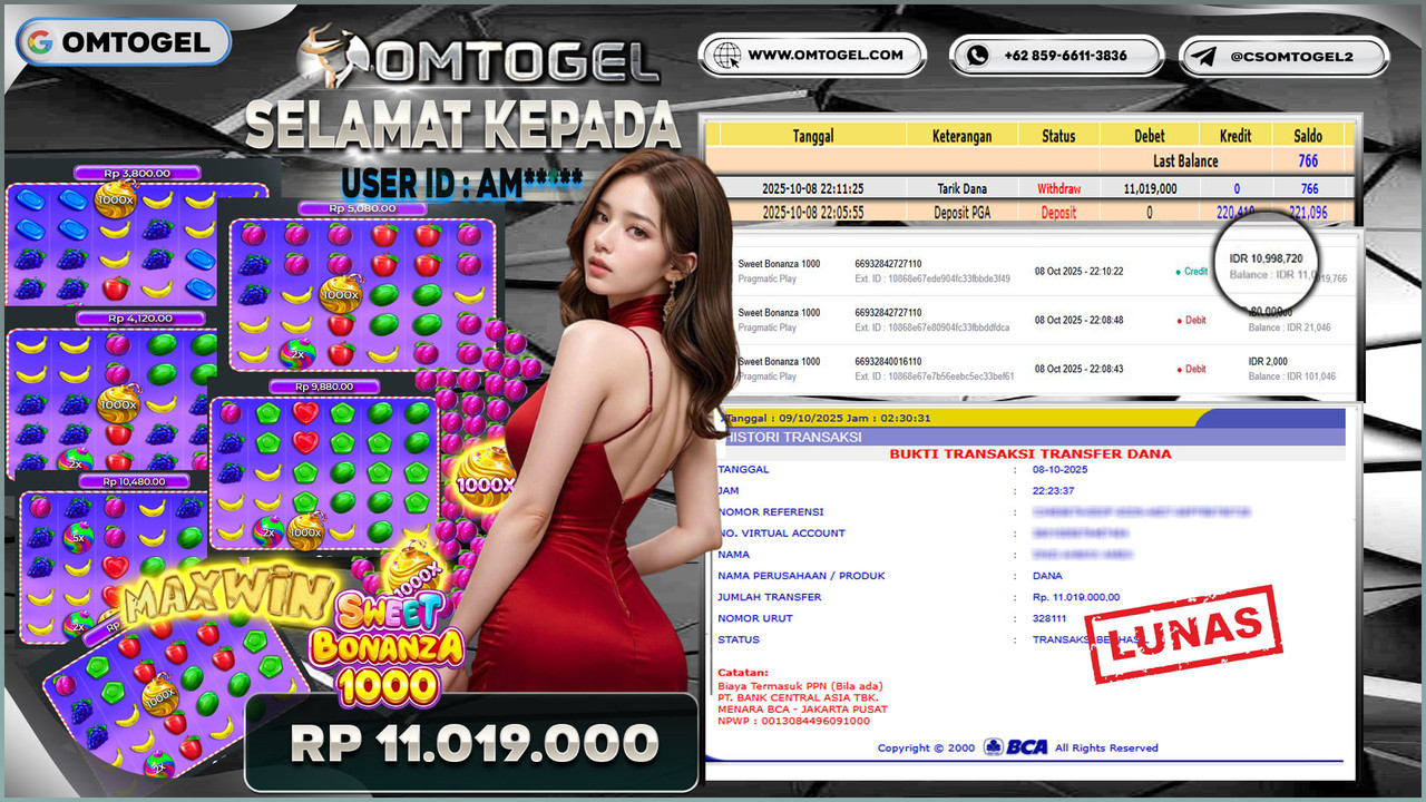 OMTOGEL JACKPOT PRAGMATIC PLAY SWEET BONANZA 1000 11 JUTA DI BAYAR LUNAS ,-