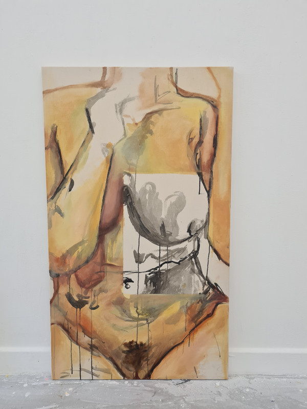 nude oil body on canvas, face out of frame