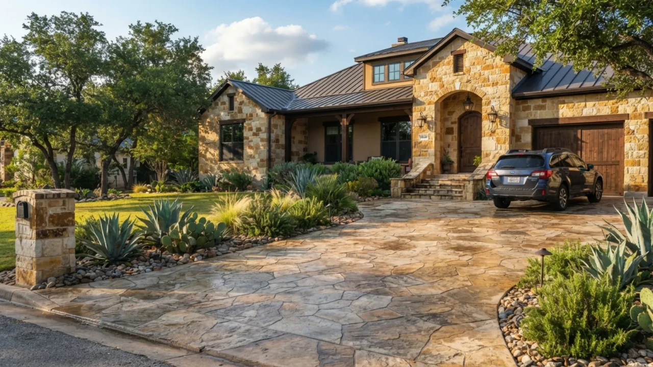 Stamped concrete driveway flagstone pattern San Antonio Texas