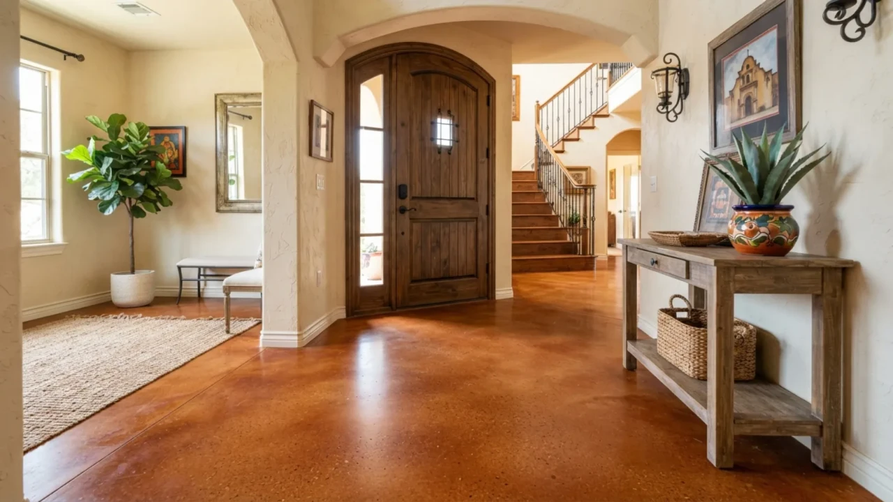 Terracotta stained concrete entryway foyer San Antonio home
