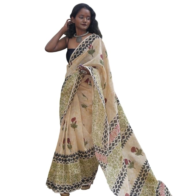 Hand Block Printed Beige Textured Saree with Broad Green Border and Red Floral Motifs
