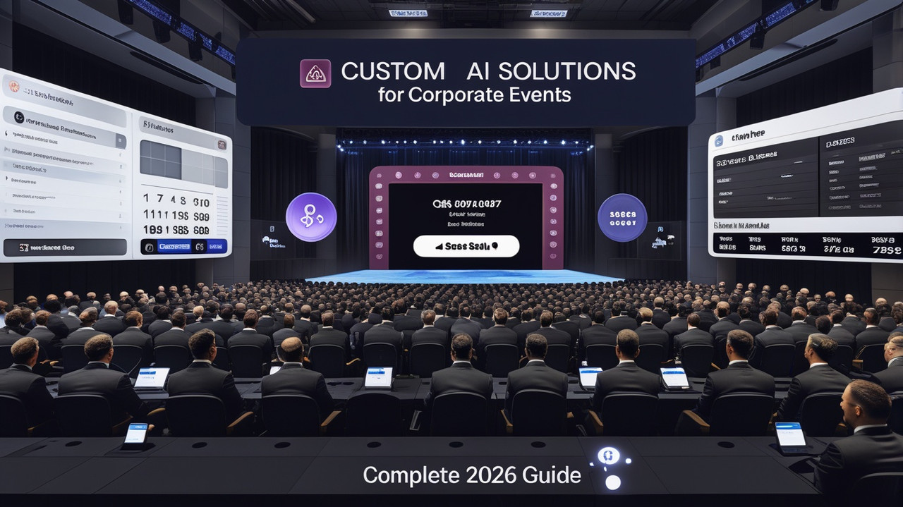 Custom AI solutions for corporate events — EventFlow dashboard showing attendee check-in metrics, speaker schedules, and revenue analytics on a laptop screen with holographic UI elements floating around it. Dark premium background with gold and navy accents. Professional corporate event technology scene.