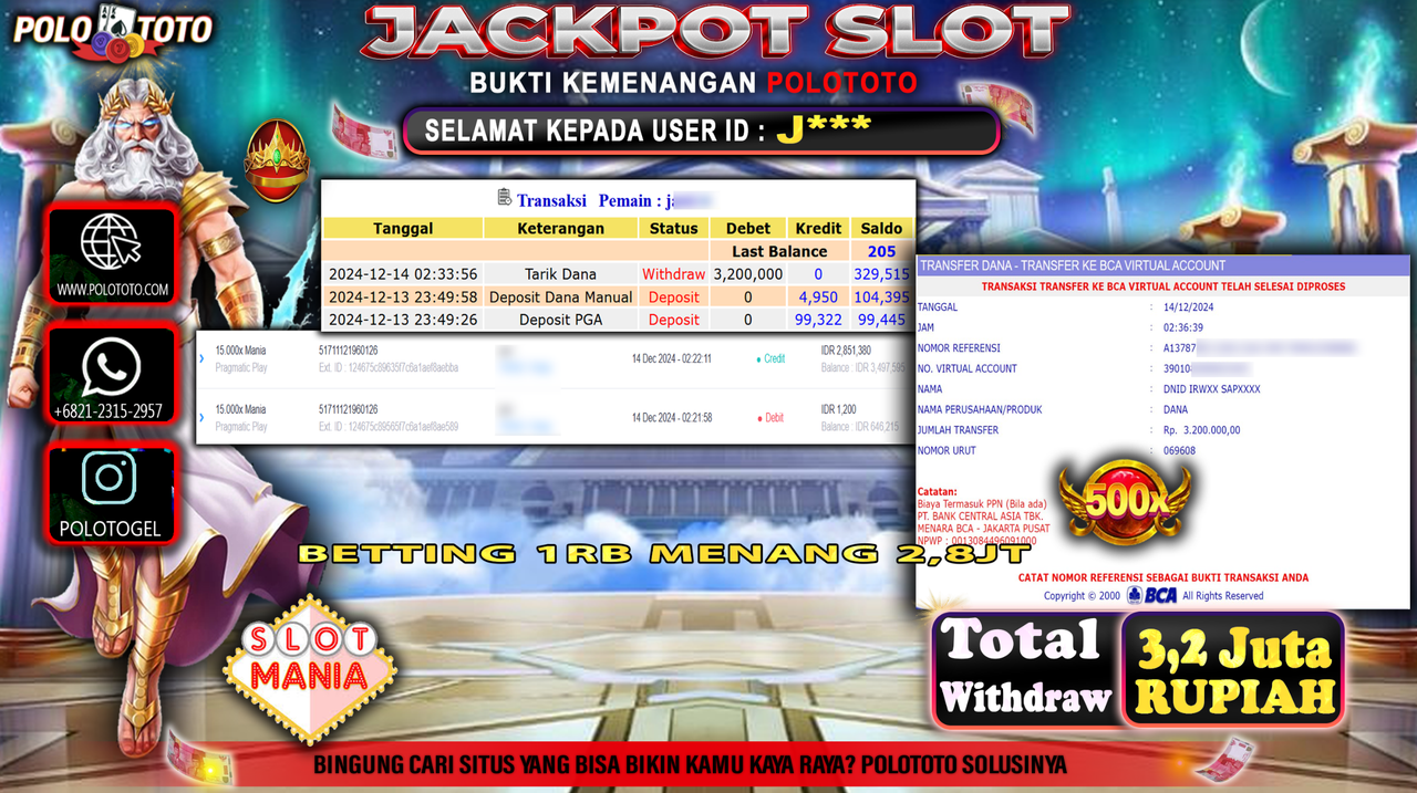 POLOTOTO JACKPOT SLOT 15.000x MANIA Rp.3,200.000,-