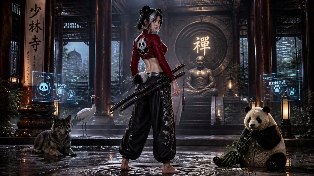 Kiara is a 5 5 female She has 6 pack abs She is slim built She has black panda ears and a panda t