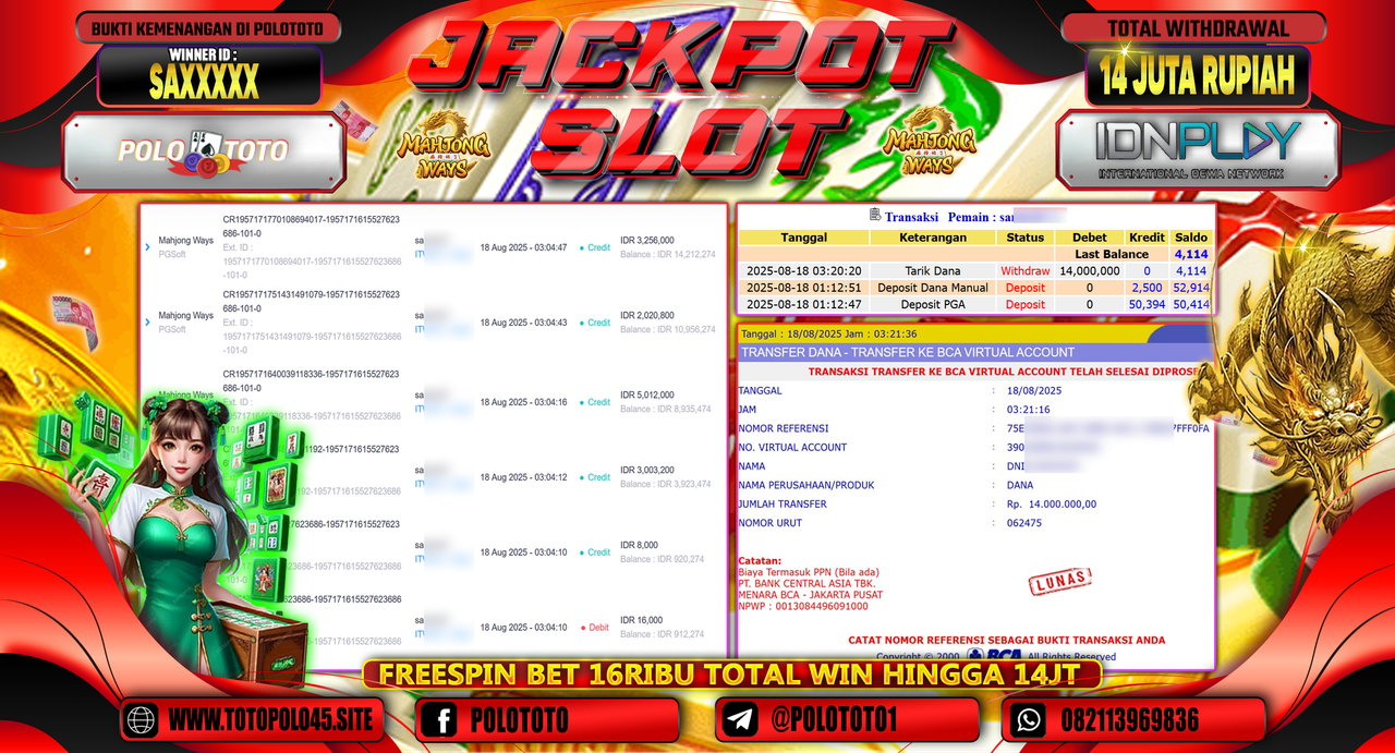 POLOTOTO JACKPOT SLOT MAHJONG WAYS Rp.14.000.000,-