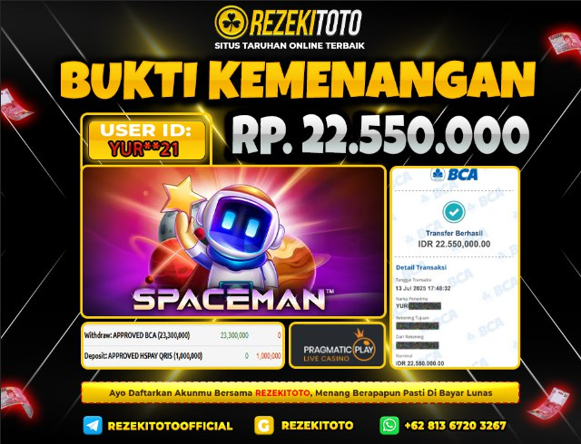 BUKTI KEMENANGAN 14 JULI 2025 SPACEMAN 22 JUTA 