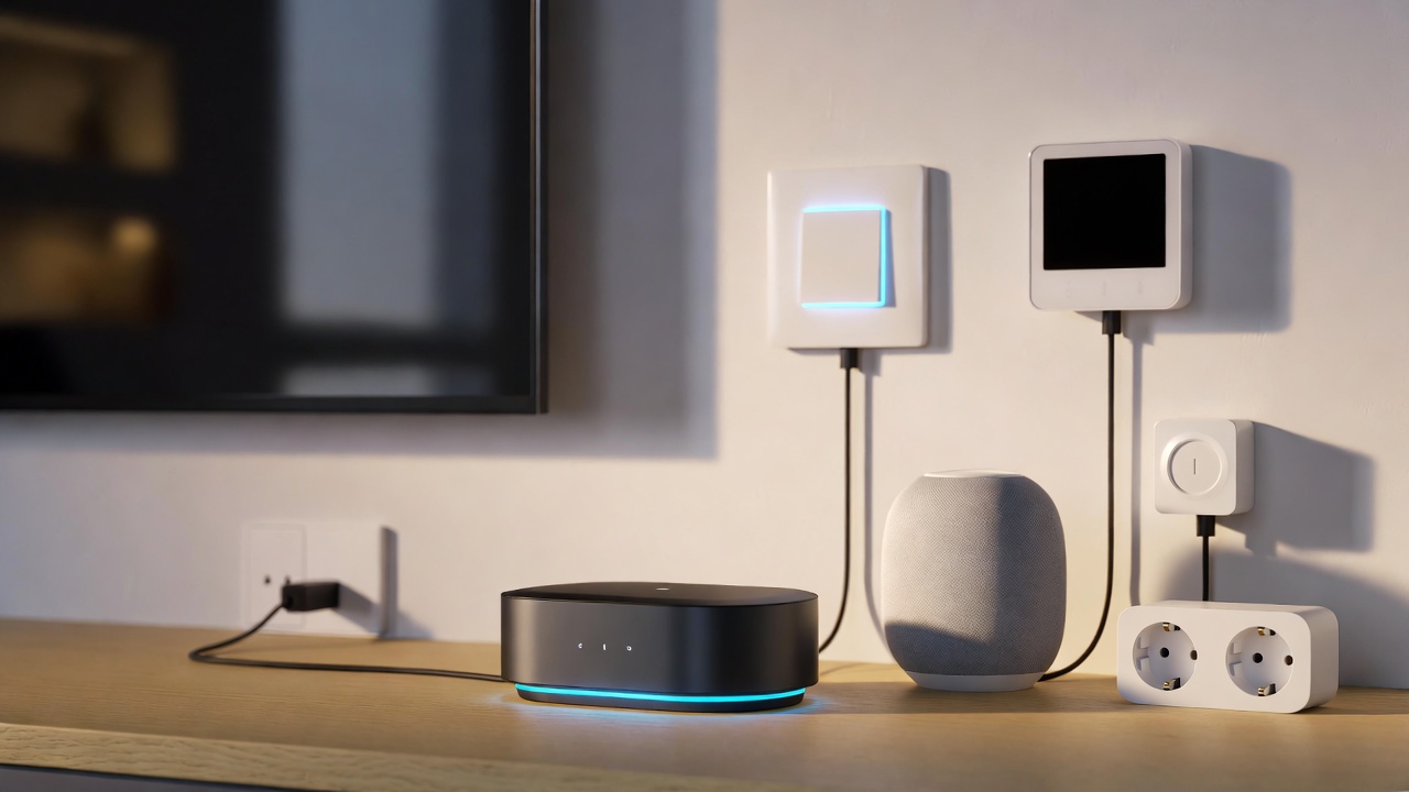 Modern smart home hub and compatible devices connected through the Matter standard in 2026
