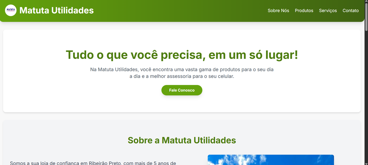 Screenshot da Landing Page para Matuta Utilidades