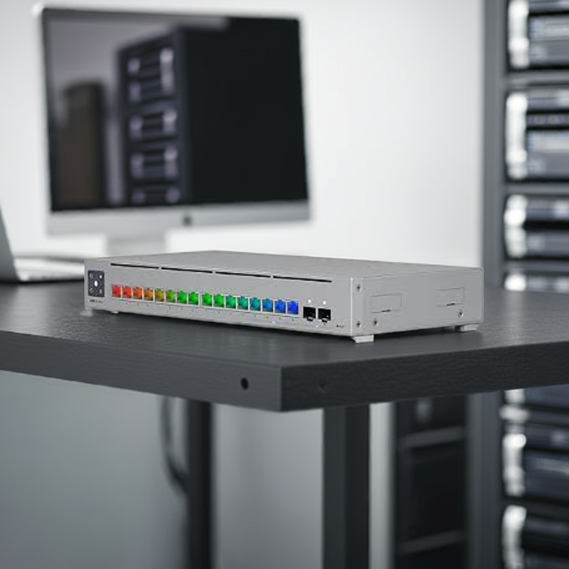 Switch Pro Max 16 instalado em um rack de servidor, mostrando a operação silenciosa