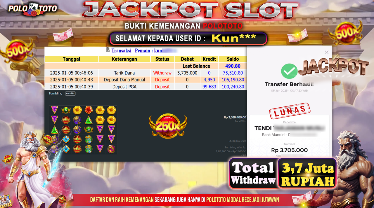 POLOTOTO JACKPOT SLOT GATES OF OLYMPUS Rp.3,705.000,-