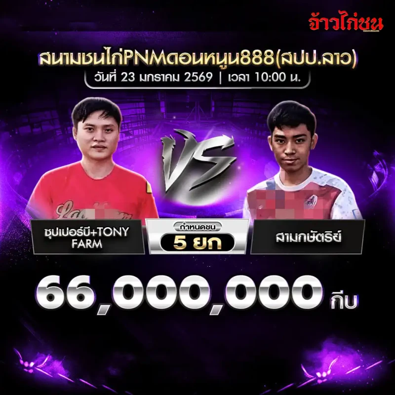 โปรแกรมไก่ชน คู่เด่น 8KING มหาโชค พบ ท้าวครองเมือง ชิง 66,100,000 กีบ กำหนดชน 5 ยก