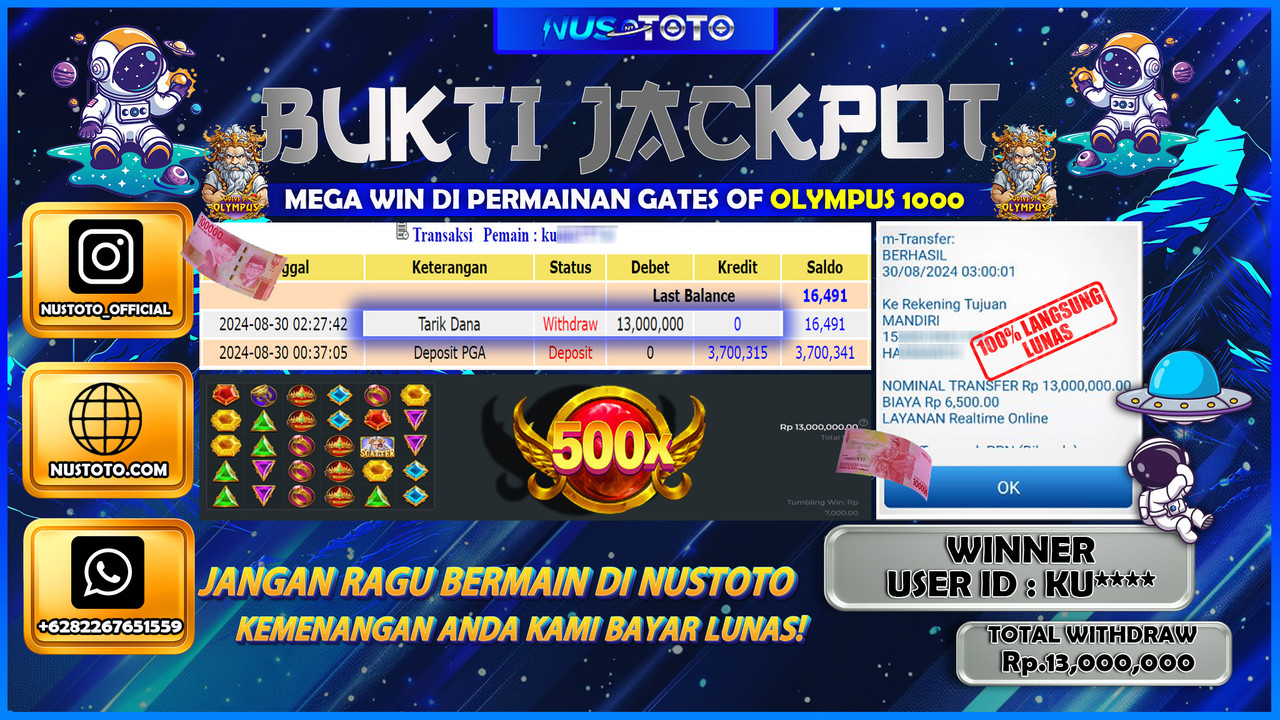 MAXWIN !! MENANG BESAR DI GAME GATES OF OLYMPUS 1000 SENILAI Rp. 13.000.000 LANGSUNG DI BAYAR LUNAS NUSTOTO !!
