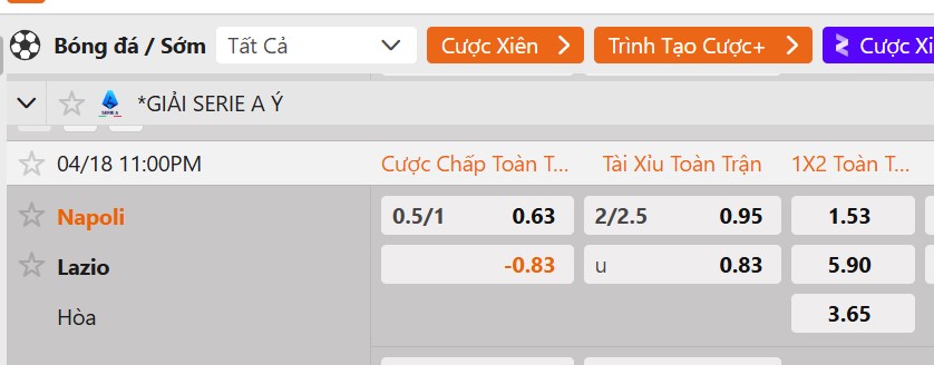 Tỷ lệ kèo Napoli vs Lazio