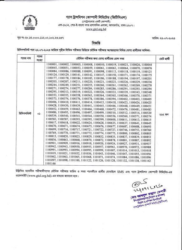 GTCL-Receptionist-Exam-Result-2023-PDF