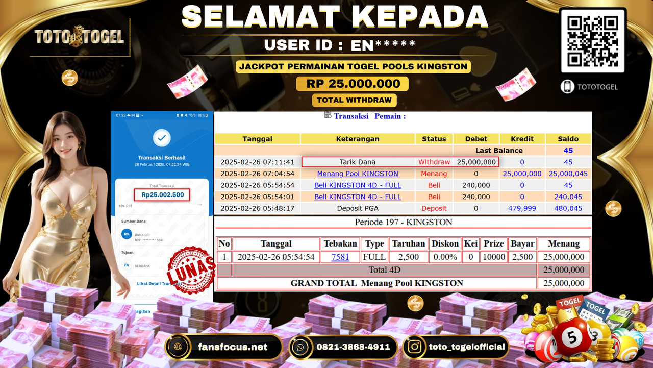 Bukti Pembayaran Jackpot  Permainan Togel Pools Kingston  ID:EN***** LUNAS