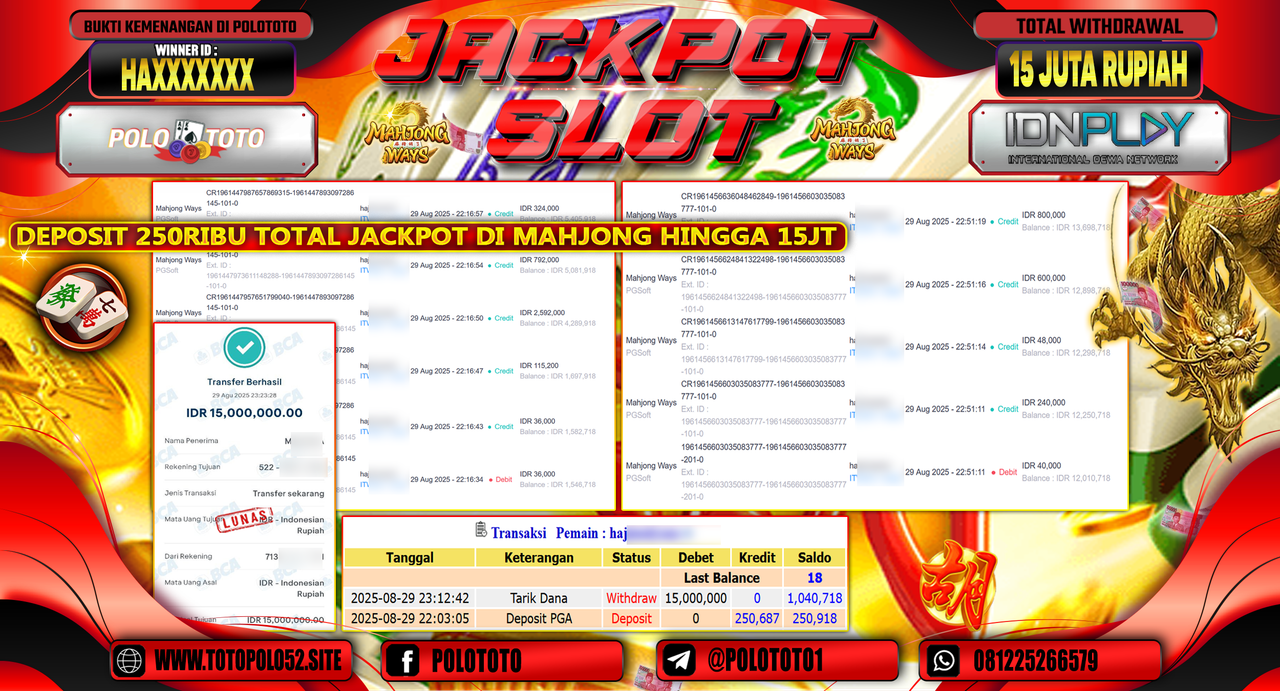 POLOTOTO JACKPOT SLOT MAHJONG WAYS Rp.15.000.000,-