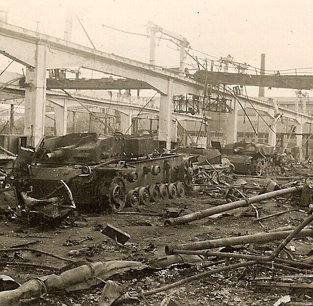 RARE US View KO'd German Sturmgeschütz Panzer Tanks in Bombed Factory!!!