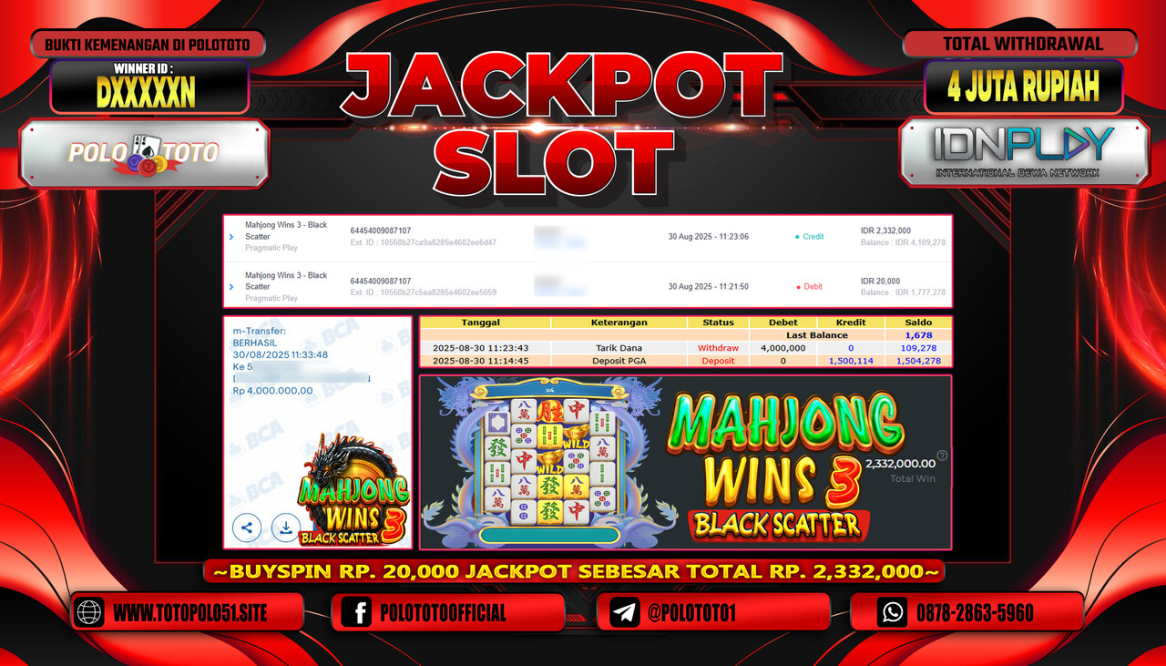 POLOTOTO JACKPOT SLOT MAHJONG WINS 3 - BLACK SCATTER Rp.4.000.000,- LUNAS