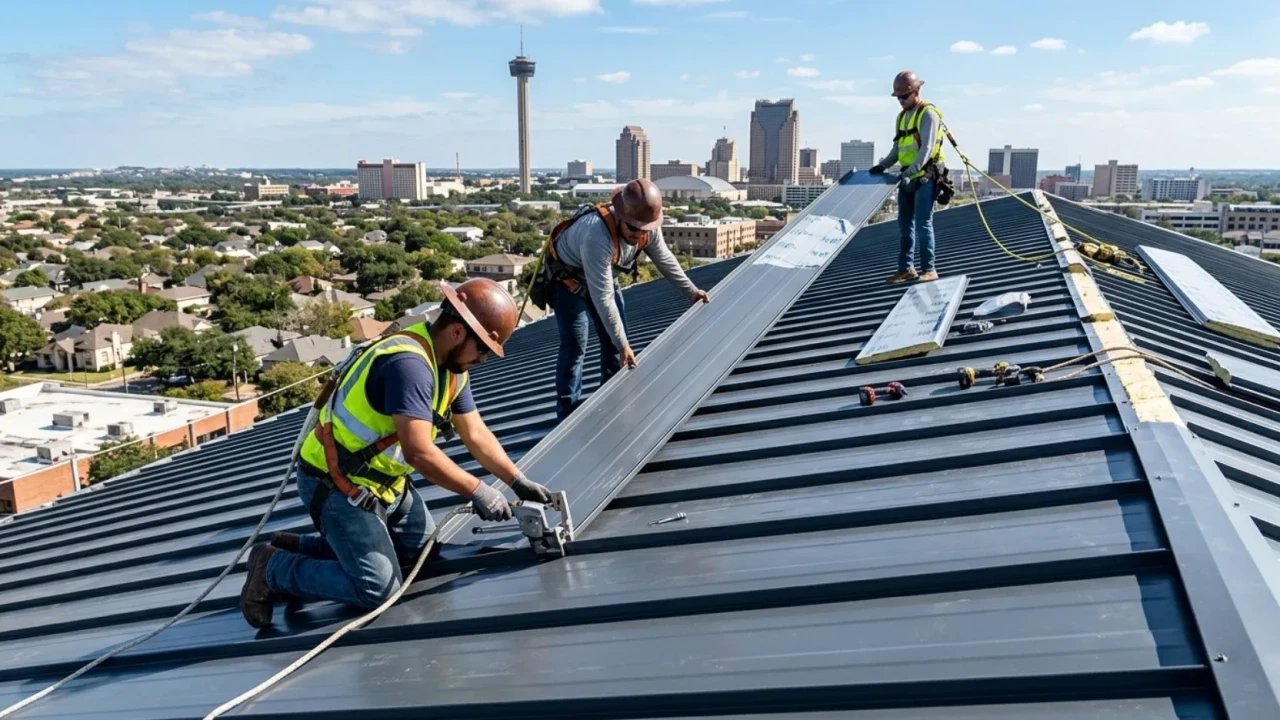 Metal roofing crew installing aluminum standing seam panels in San Antonio TX