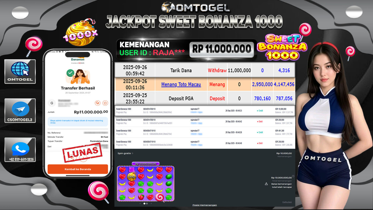 OMTOGEL JACKPOT PRAGMATIC PLAY SWEET BONANZA 1000 11 JUTA DI BAYAR LUNAS ,-