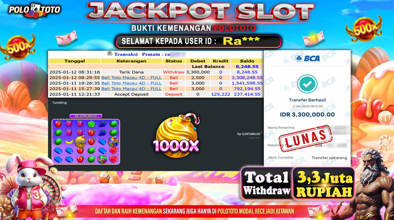 POLOTOTO JACKPOT SLOT SWEET BONANZA 1000 Rp.3,300.000,-
