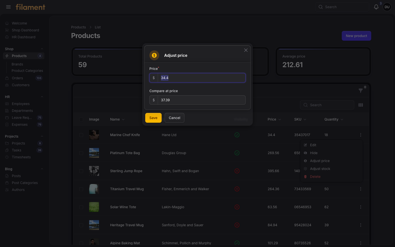 Stature Theme Shop product price modal in dark mode