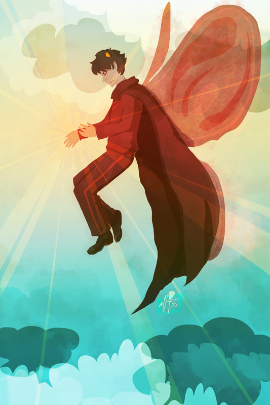 art of godtier karkat flying in a colorful, dreamlike sky.