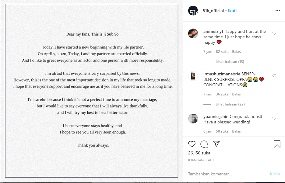 Postingan So Ji Sub setelah menikah