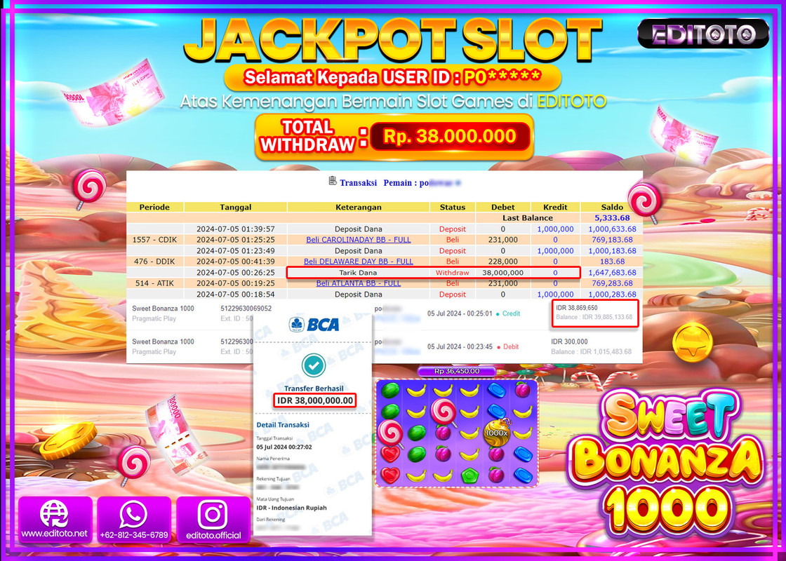 JACKPOT  SLOT EDITOTO SWEET BONANZA 1000 Rp.38.000.000.,- LUNAS