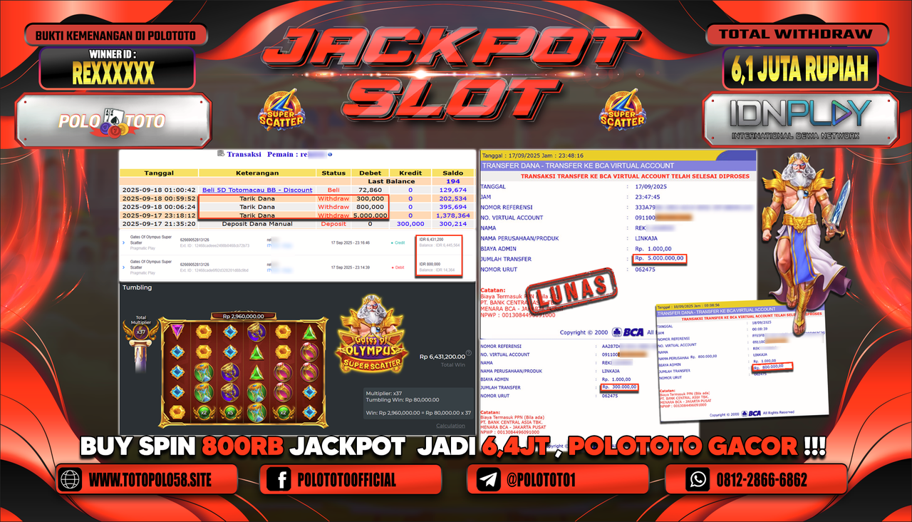 POLOTOTO JACKPOT SLOT GATES OF OLYMPUS SUPER SCATTER Rp.6.100.000,-