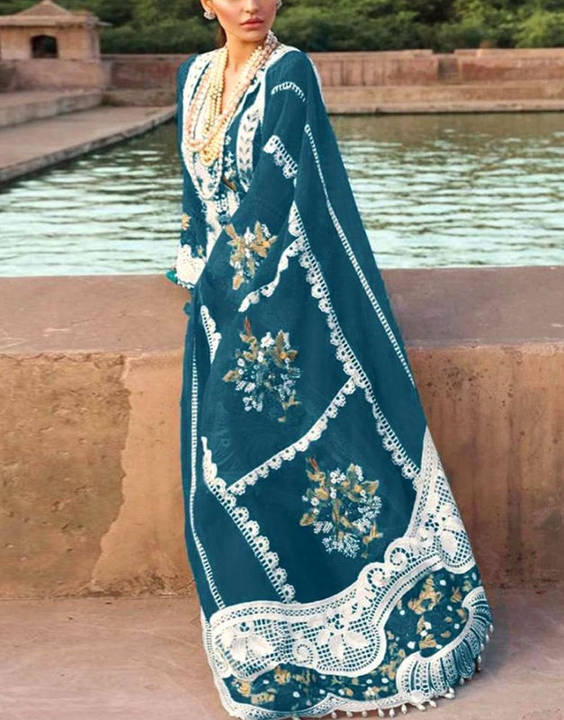 Luxurious Schiffli Embroidered Lawn Dress with 4-Side Embroidered Organza Dupatta