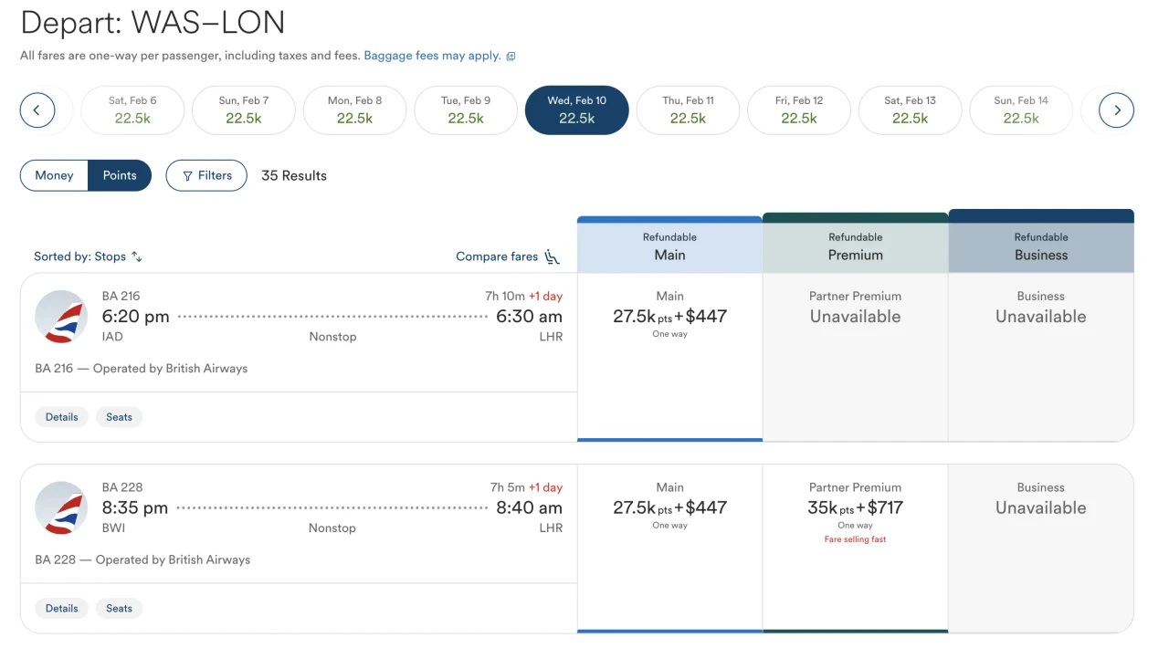 British Airways partner award fees