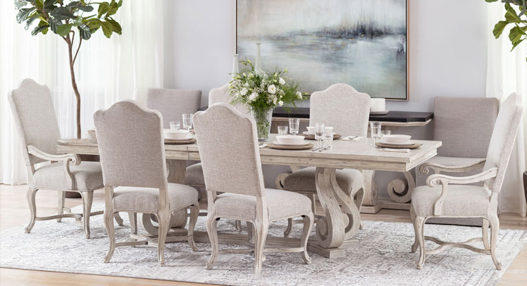 Mirabelle collection by Bernhardt balances traditional forms with effortless casual style. Components of 17th century French designs are refined and softened by a gently worn whitewashed finish. A black accent finish adds dramatic contrast while ornamental hardware combines curving lines for a look that is sophisticated and dressy, yet relaxed and inviting.