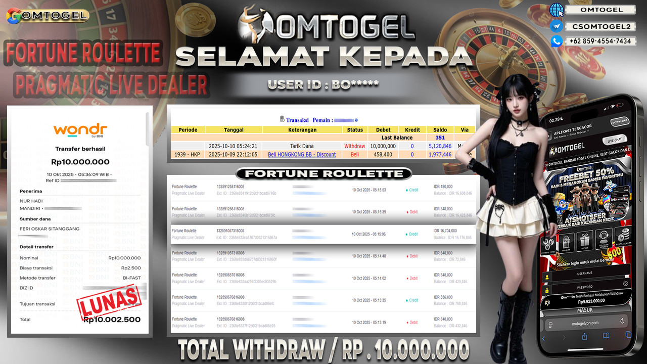 OMTOGEL JACKPOT PRAGMATIC CASINO FORTUNE ROULETTE 10 JUTA DI BAYAR LUNAS ,-