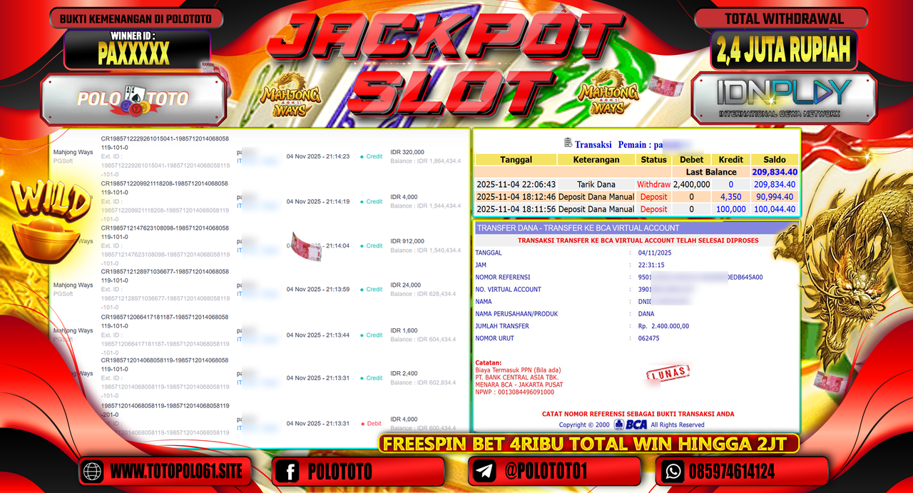 POLOTOTO JACKPOT SLOT MAHJONG WAYS Rp.2.400.000,- LUNAS