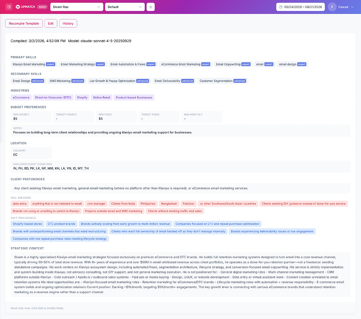 UpMatch’s personalized filtering system identifies relevant Upwork opportunities based on each client’s skills, industry, budget, location, preferences, and deal breakers.