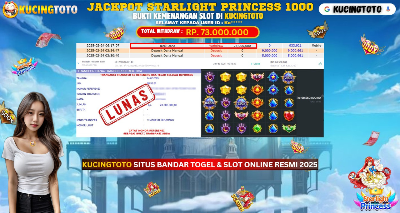 KUCINGTOTO JACKPOT SLOT STARLIGHT PRINCESS 1000 RP.73.000.000.,- LUNAS