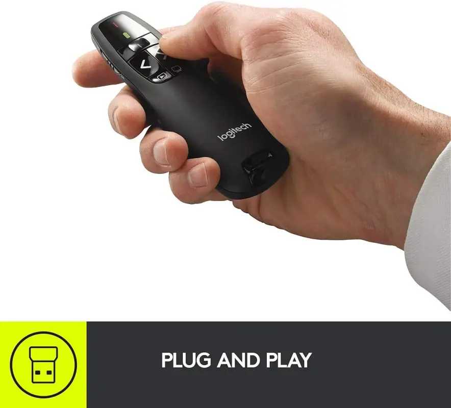 Presentador Logitech R400 mostrando su puntero láser rojo.