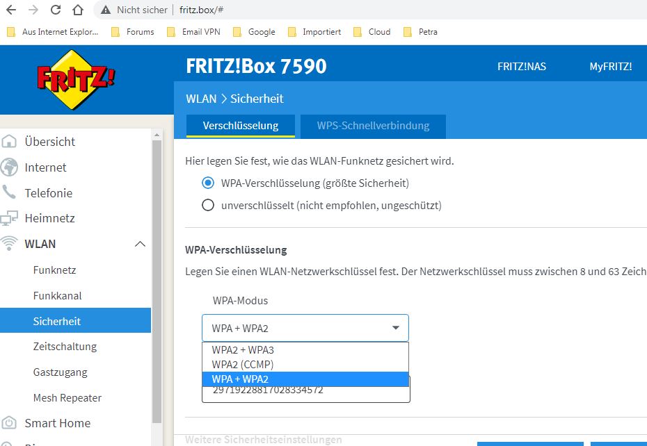 fritz box change to  WPA WPA2