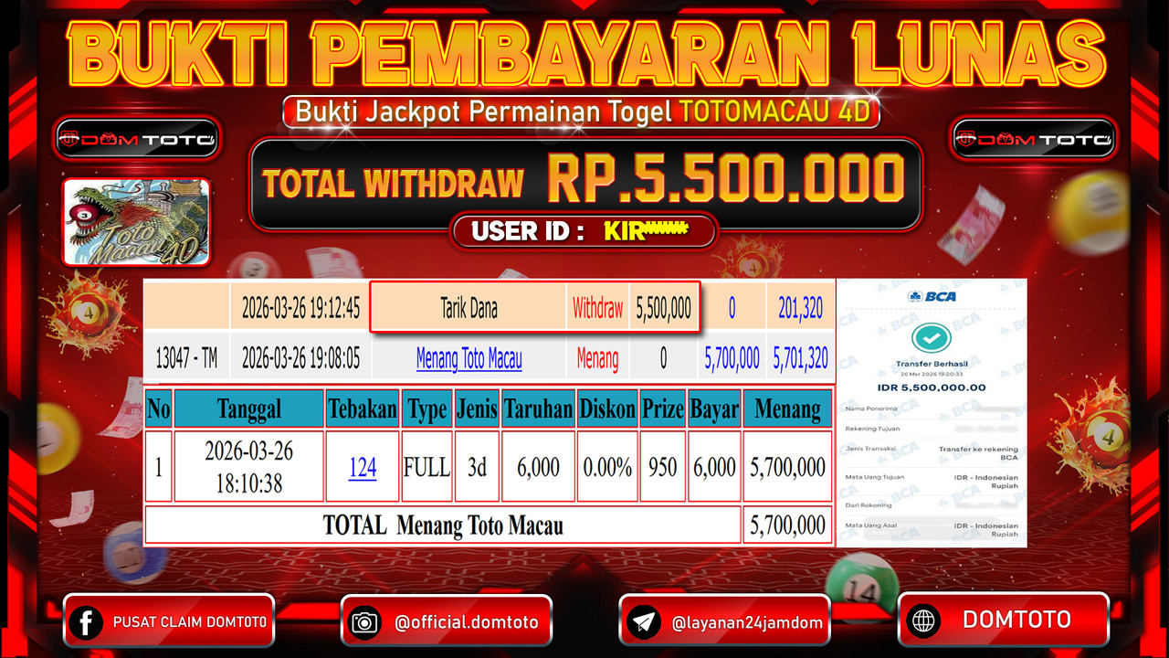 JACKPOT TOGEL TOTO MACAU 4D 26 MARET 2026