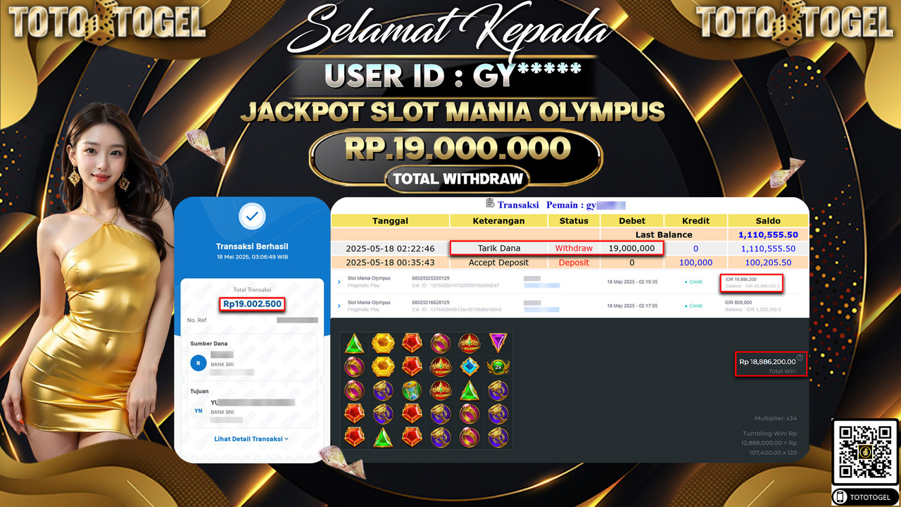 Bukti Pembayaran Jackpot Permainan Slot Mania Olympus ID:GY***** LUNAS