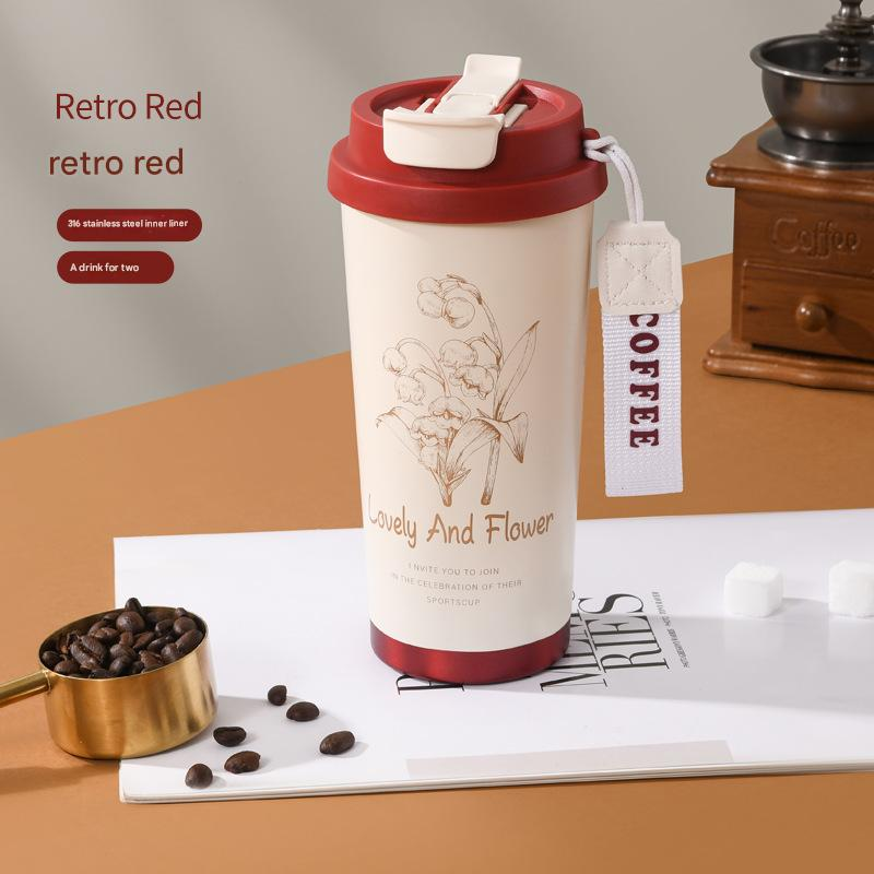 Red 316 Stainless Steel Insulated Coffee Tumbler 500ml with Dual-Use Lid, Lily of the Valley Design, Leak-Proof Sip and Straw, BPA-Free Thermal Cup for Hot Cold Beverages
