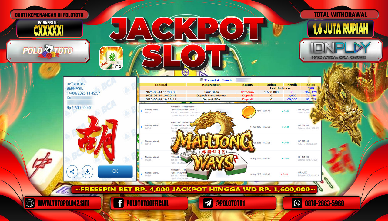 POLOTOTO JACKPOT SLOT MAHJONG WAYS 2 Rp.1.600.000,-LUNAS
