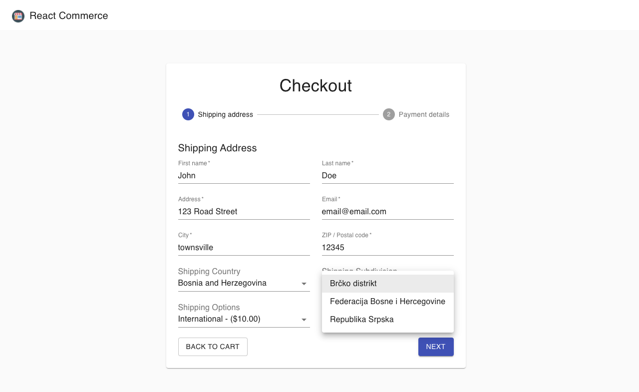 eCommerce web app shipping step