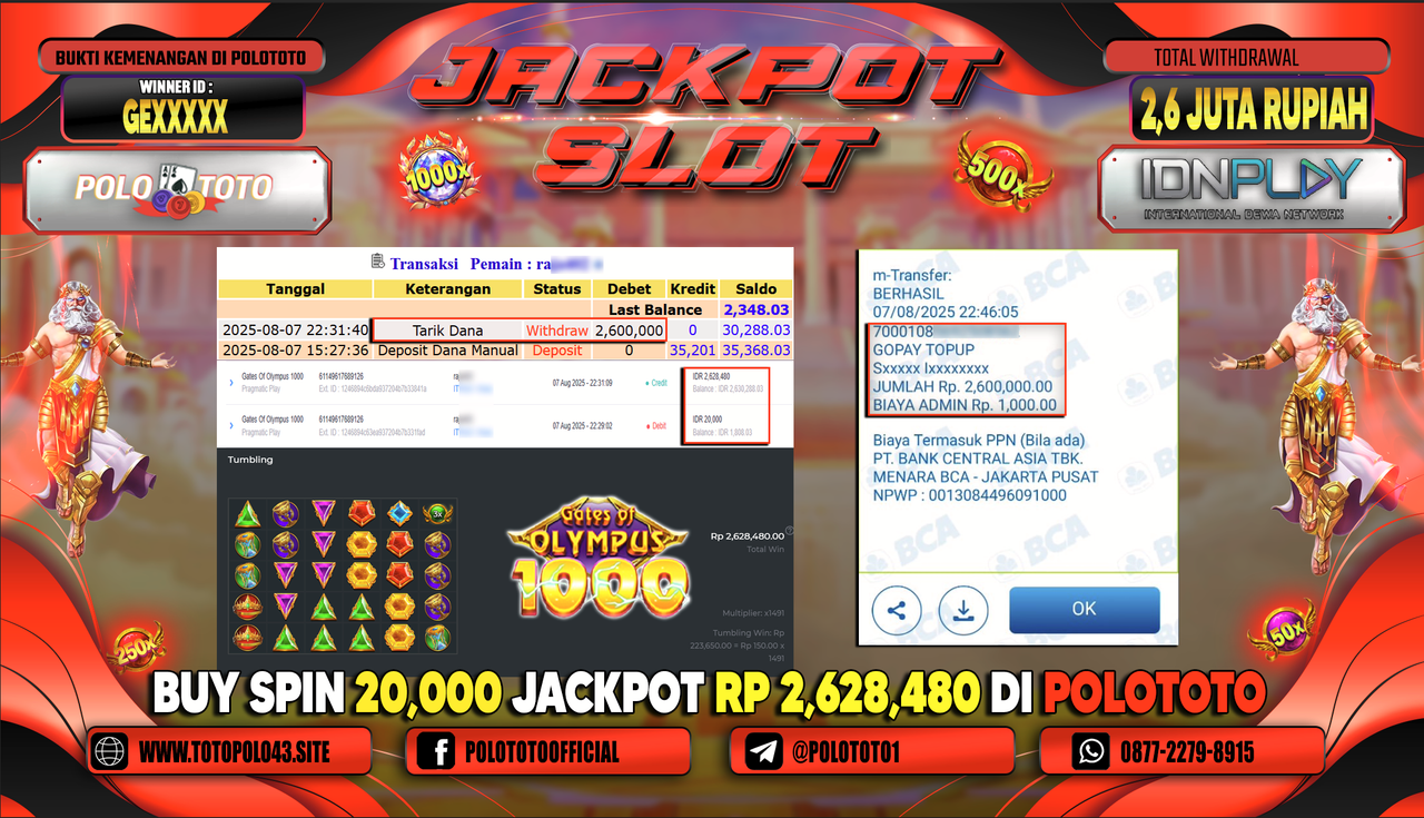 POLOTOTO JACKPOT SLOT GATES OF OLYMPUS 1000 Rp.2.600.000,-LUNAS
