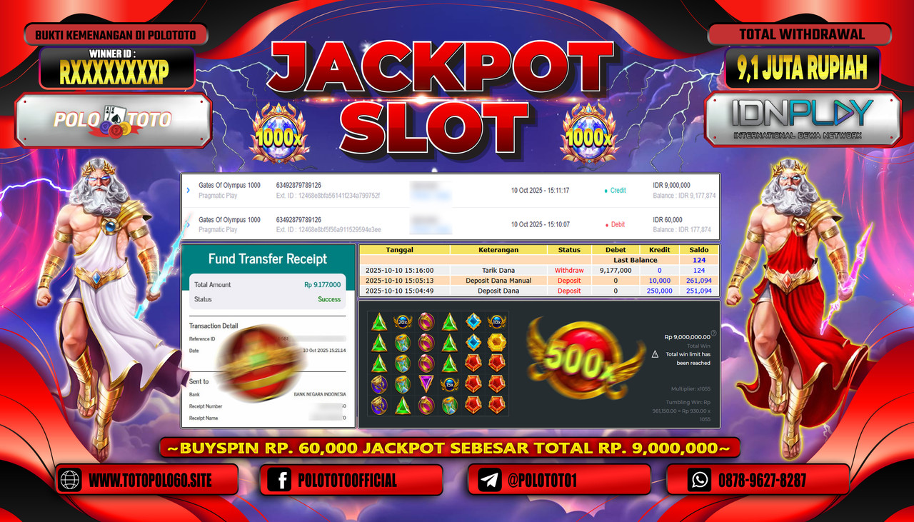 POLOTOTO JACKPOT SLOT GATES OF OLYMPUS 1000 Rp.9.100.000,- LUNAS