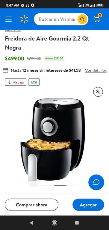 Walmart: Freidora de Aire Gourmia 2.2 Qt Negra
