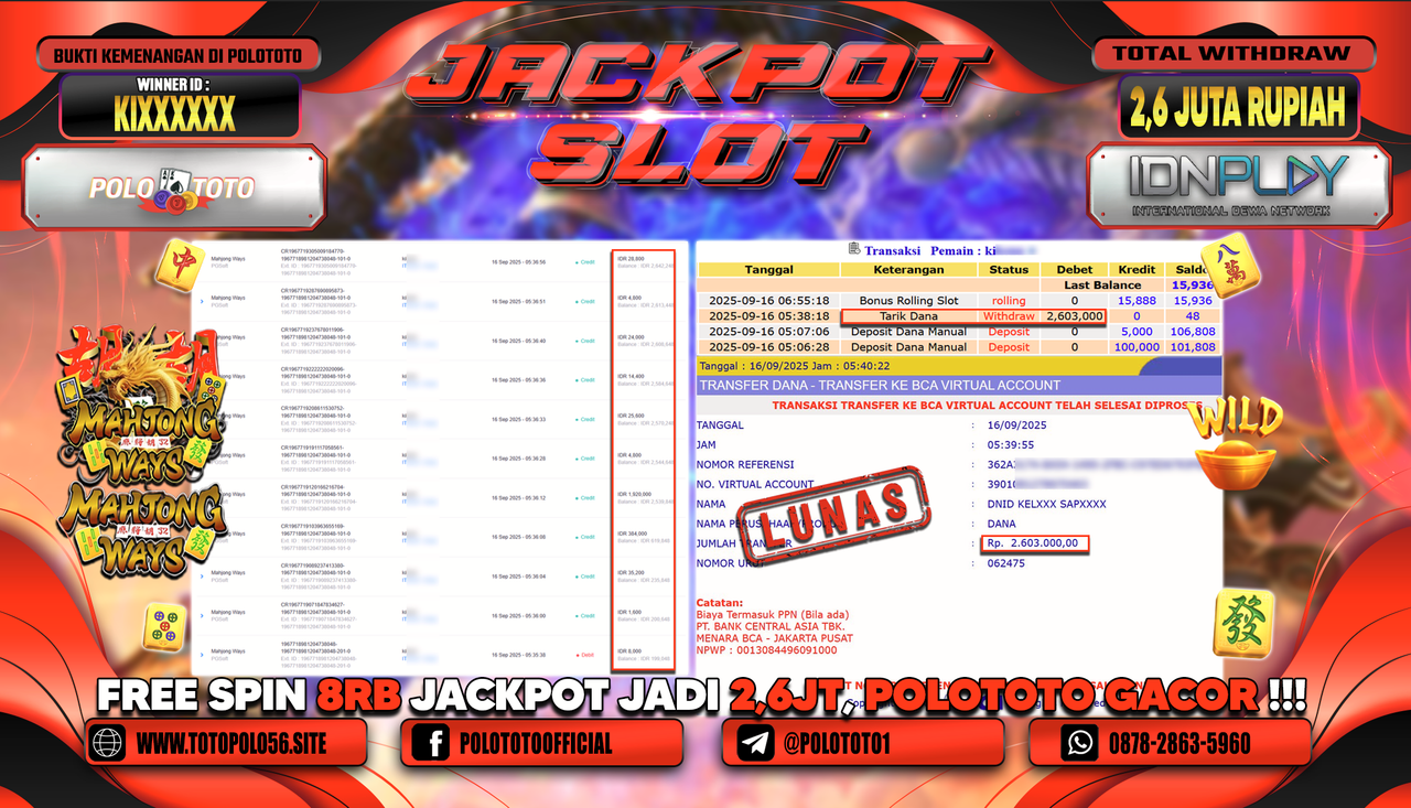 POLOTOTO JACKPOT SLOT MAHJONG WAYS Rp.2.603.000,- 