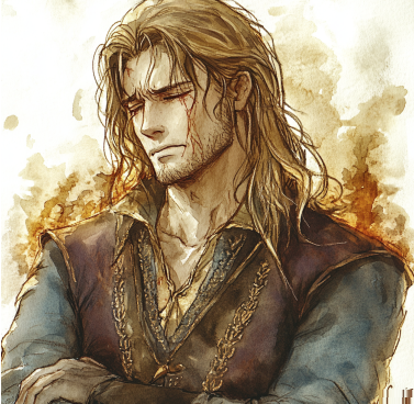 an injured resigned young nobleman in a burning building